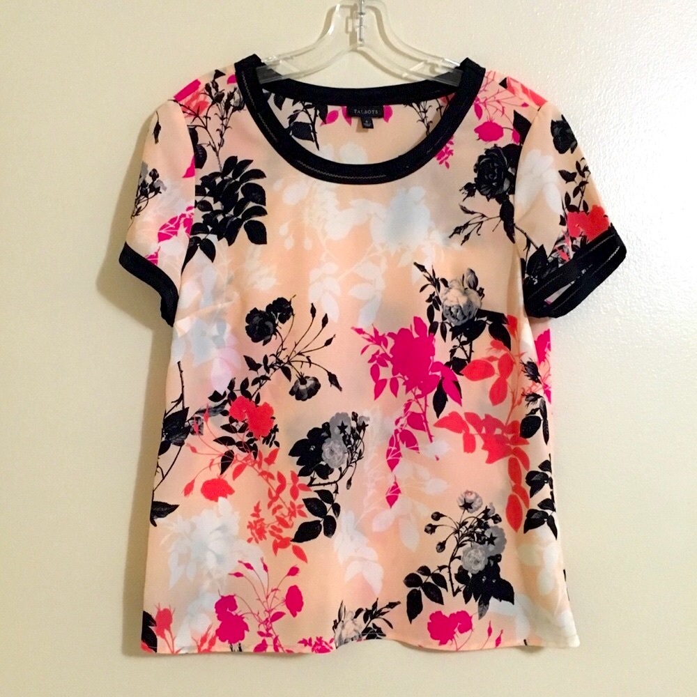 Talbots Size 6 Floral Lightweight Short Sleeve Top Orange Black